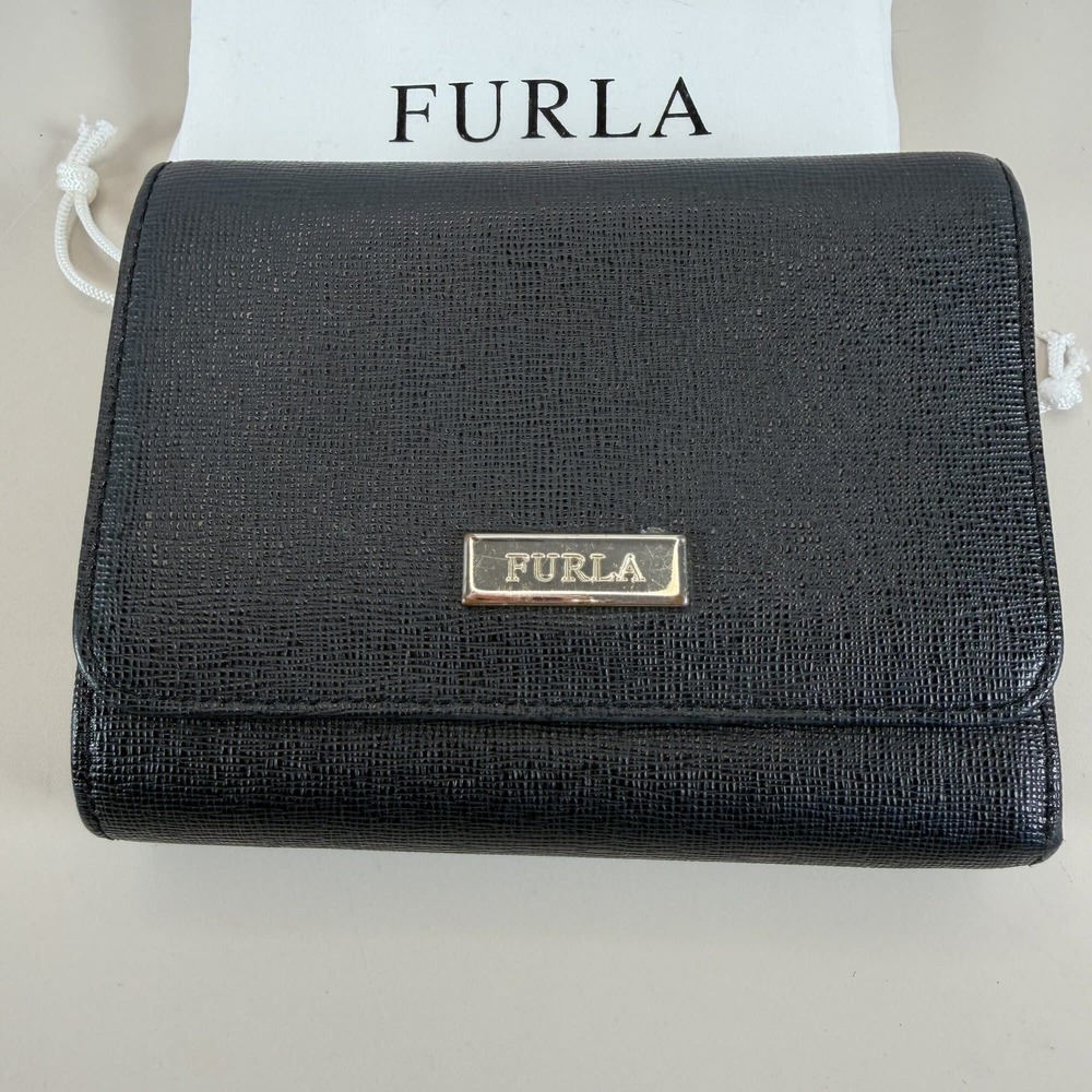 Furla Black Saffiano Leather Compact Trifold Wallet with Gold-Tone Hardware